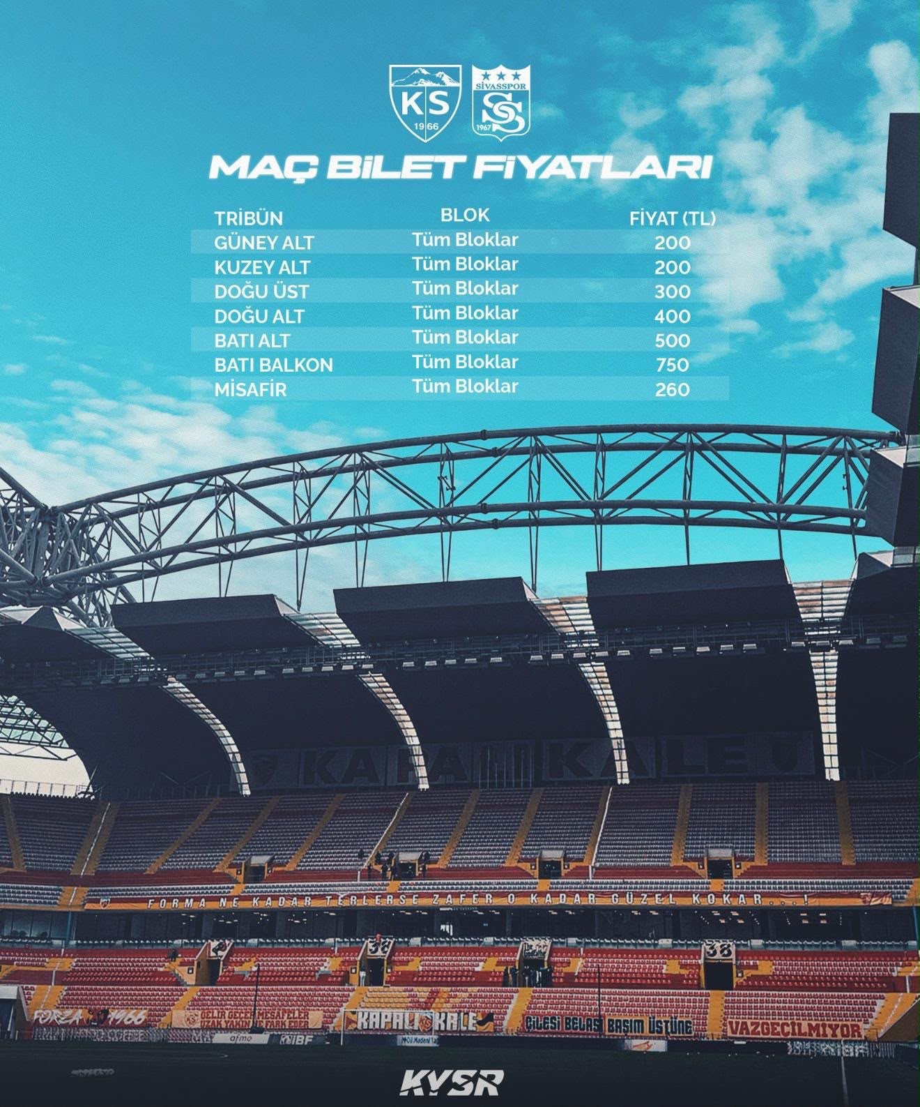 Kayserispor-Sivasspor maç bileti satışta