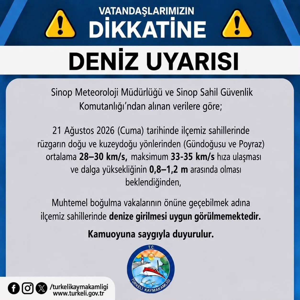 Sinop’un Türkeli ilçesinde boğulma riskine karşı alarm verildi