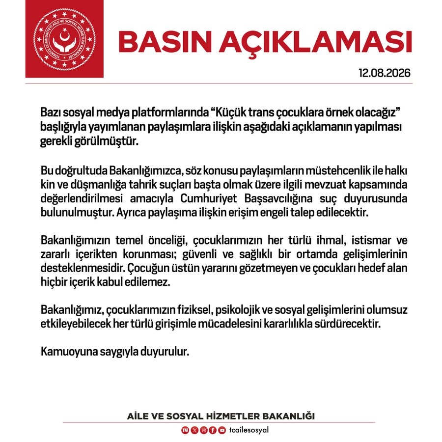 Aile ve Sosyal Hizmetler Bakanlığından "Küçük trans çocuklara örnek olacağız" paylaşımlarına suç duyurusu