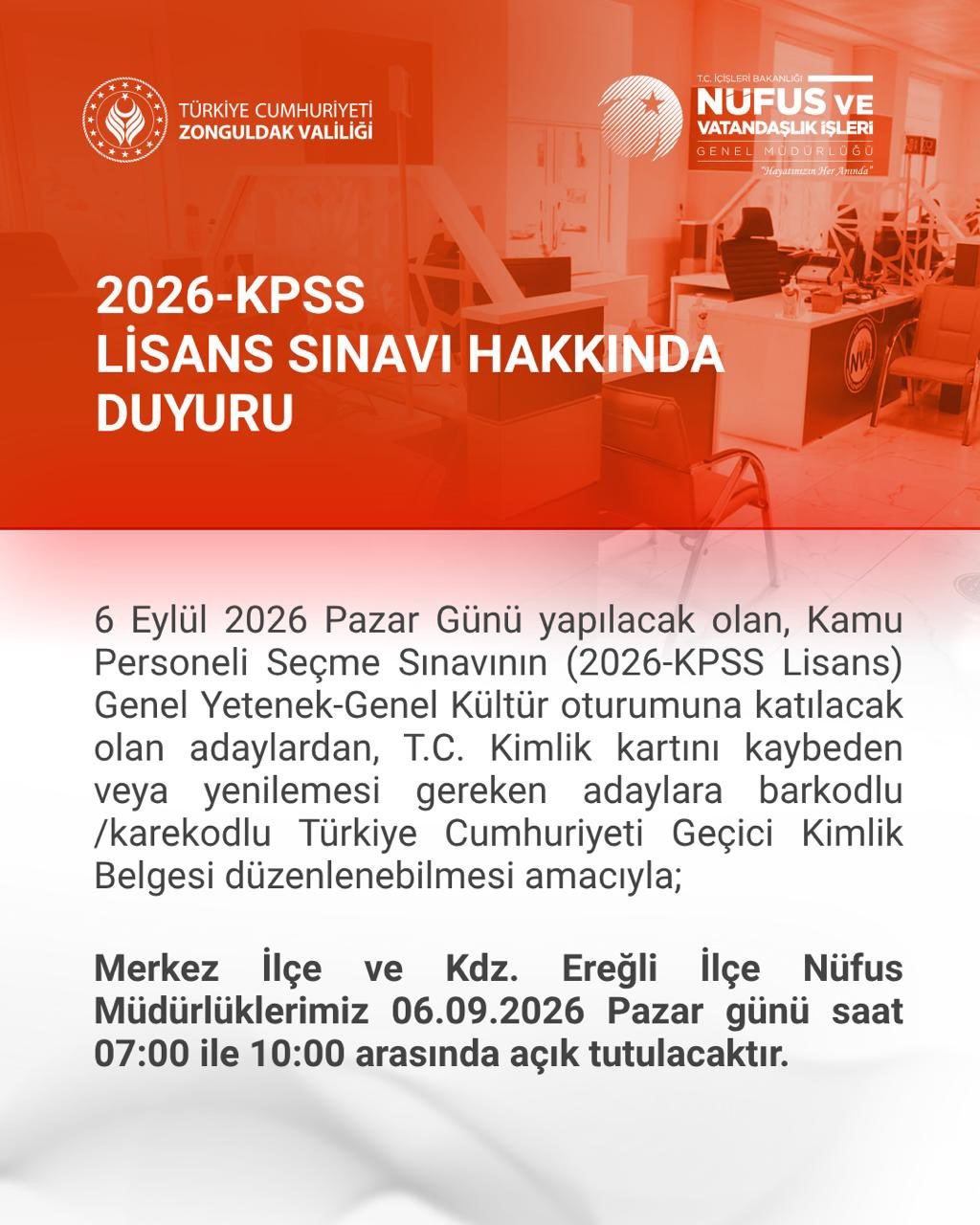 KPSS için Zonguldak’ta nüfus müdürlükleri pazar günü açık