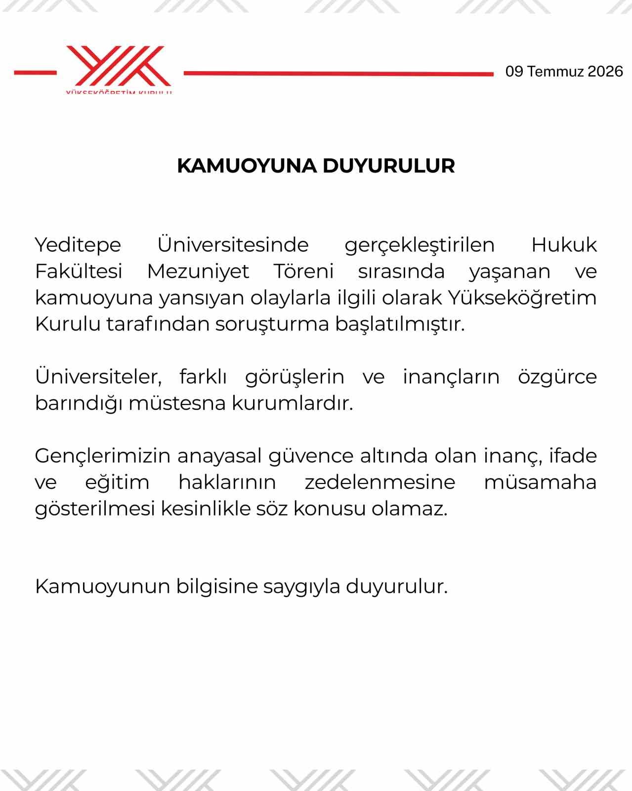 YÖK'ten Yeditepe Üniversitesinin mezuniyet törenindeki olaylara ilişkin soruşturma