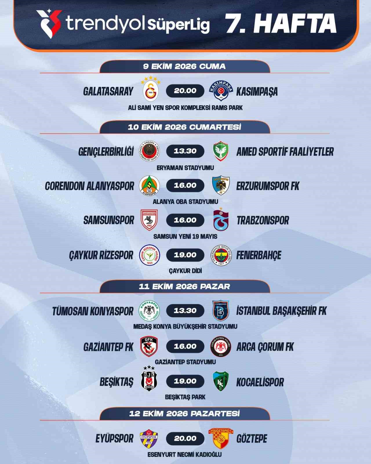 Trendyol Süper Lig’de 7-16. hafta programları açıklandı