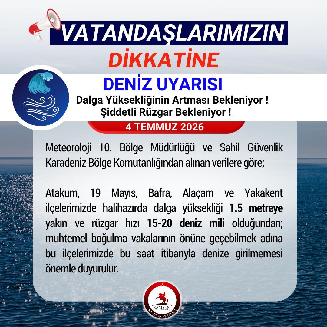 Samsun Valiliği'nden 'denize girilmemesi' uyarısı
